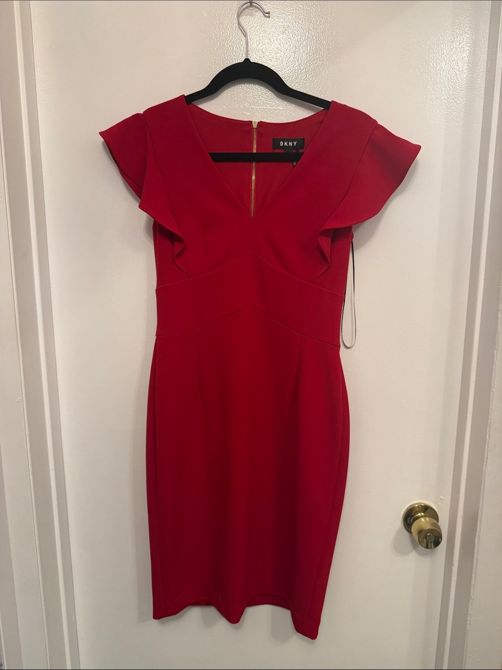 DKNY Red V-Neck Flutter Sleeve Midi Dress